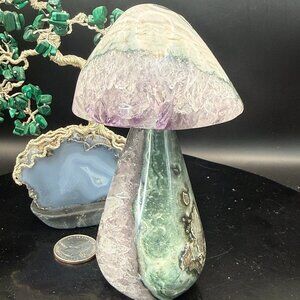 Amethyst and Green Jasper Agate Geode Mushroom Crystal Carving Brazil  4.5" Tall